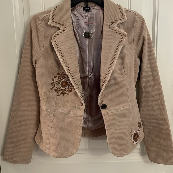 Aziz Womens S Beige Embroidered Corduroy Blazer Jacket With Floral Design - Picture 12 of 12